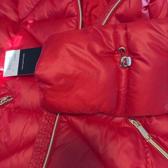 Nine West  Women L Winter Red Hooded Puffer Jacket Outerwear Gold Zippers NEW - Picture 12 of 14